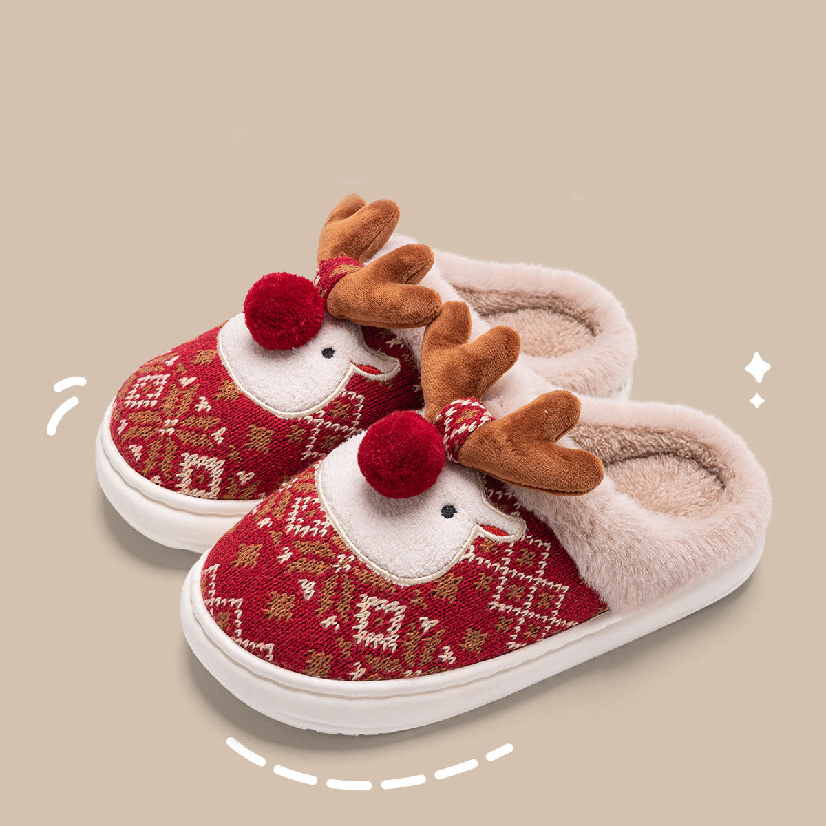 Cute Christmas Elk Fuzzy Plush Non-slip Slippers for Men/Women