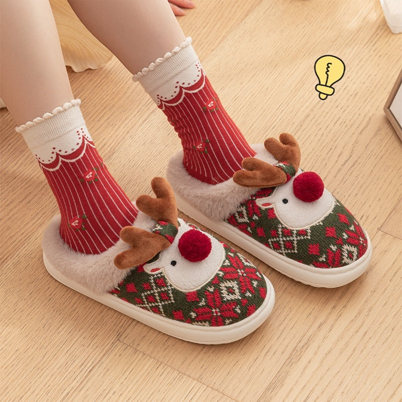 Cute Christmas Elk Fuzzy Plush Non-slip Slippers for Men/Women