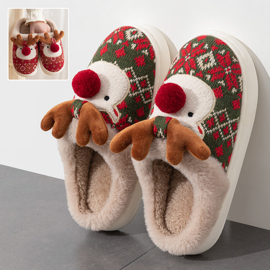 Cute Christmas Elk Fuzzy Plush Non-slip Slippers for Men/Women