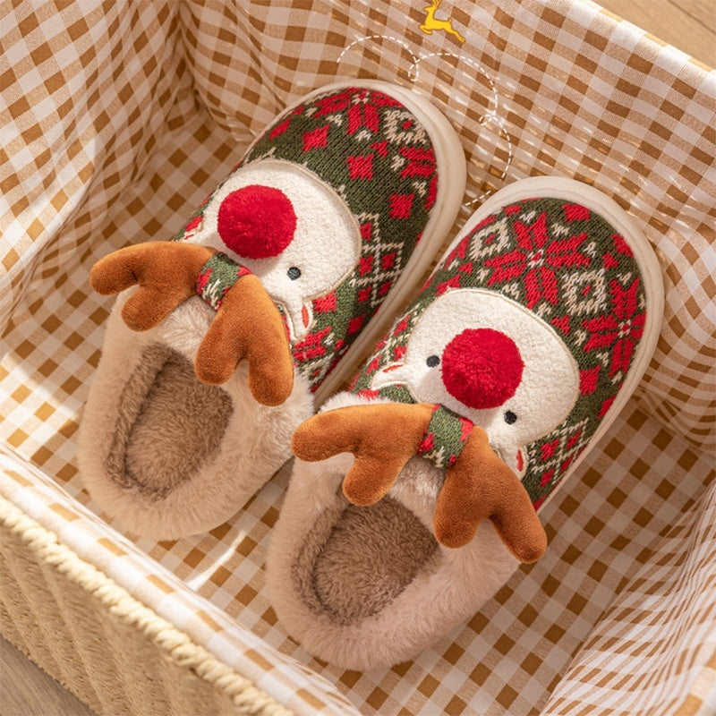 Cute Christmas Elk Fuzzy Plush Non-slip Slippers for Men/Women