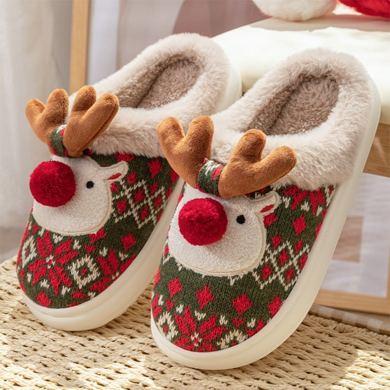 Cute Christmas Elk Fuzzy Plush Non-slip Slippers for Men/Women