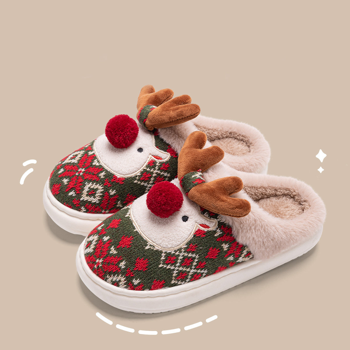 Cute Christmas Elk Fuzzy Plush Non-slip Slippers for Men/Women